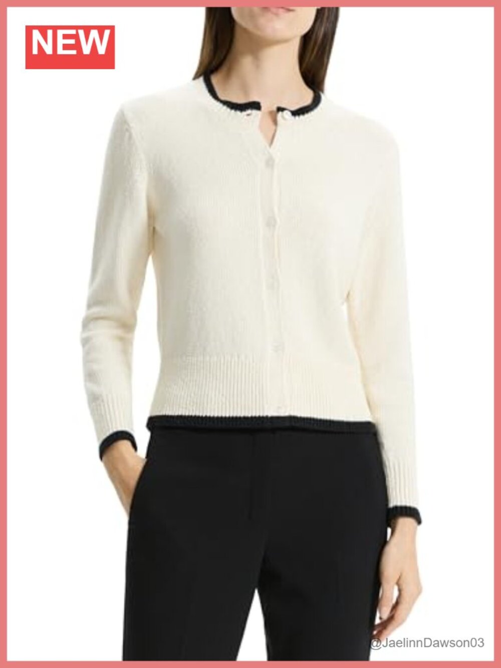 Theory Tipped Cardigan Crew Neck Button Front Long Sleeve